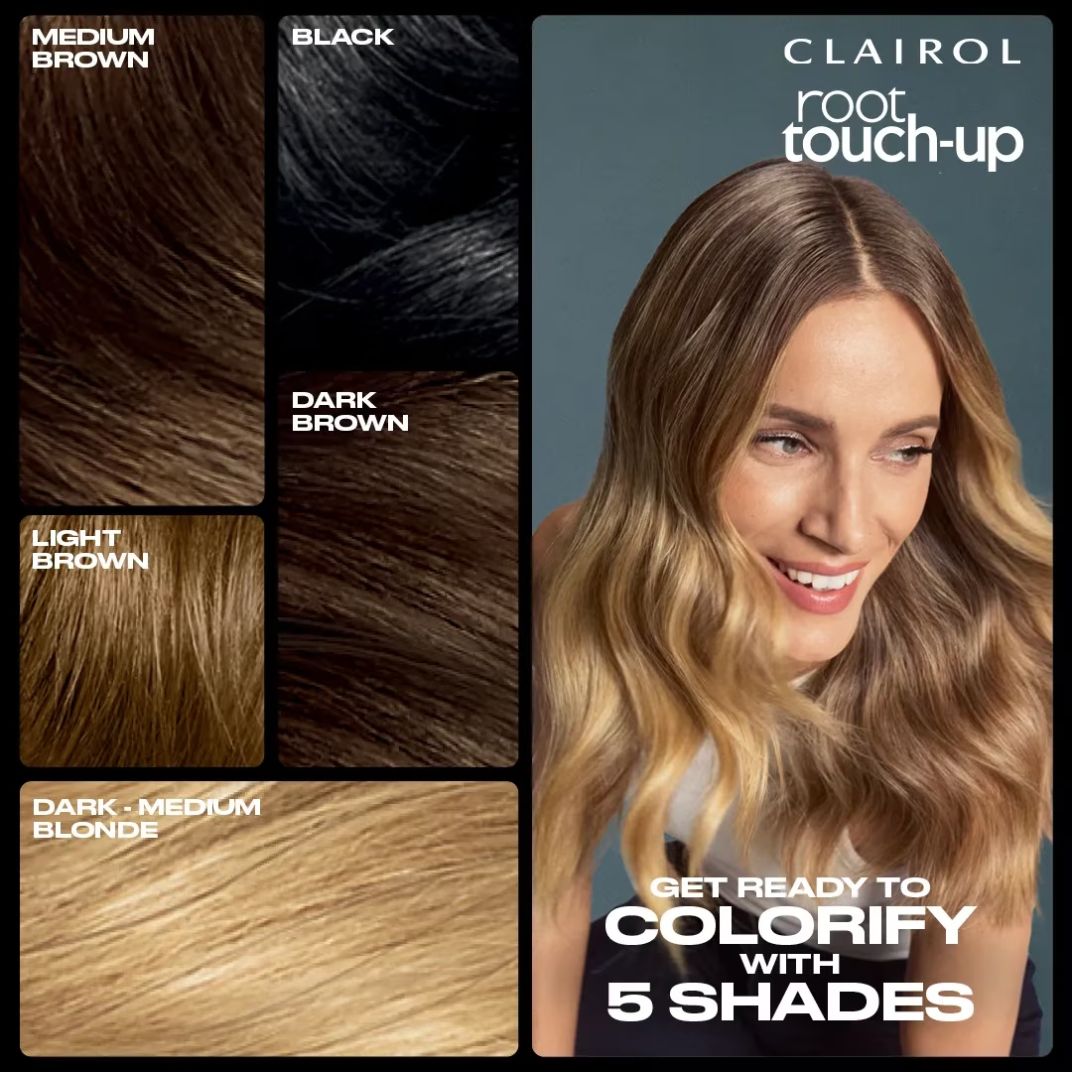 Clairol Root Touch-Up hair color shade guide featuring five hair color options: Medium Brown, Black, Dark Brown, Light Brown, and Dark-Medium Blonde, alongside a model with highlighted blonde-to-brown hair showing the product in use.