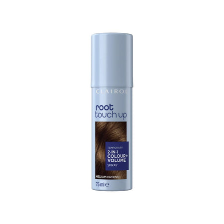 A bottle of Clairou Root Touch Up hair dye in the shade Medium Brown, shown on a plain white background.