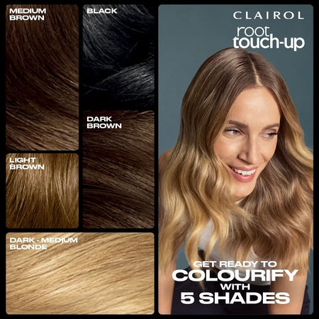 Clairol Root Touch-Up product with color chart and model featuring 5 hair color shades.