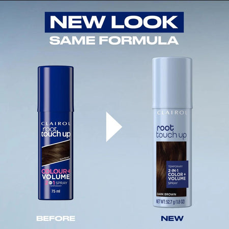 Clairoul Root Touch Up hair dye before and after comparison showing the new container design. The left 'Before' bottle is dark blue, and the right 'New' bottle is light blue with a white cap, both displaying a dark brown hair swatch.