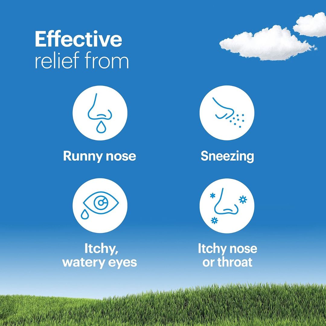 effective relief from allergies with icons for runny nose, sneezing, itchy eyes, and itchy nose/throat against a blue sky and green grass background.
