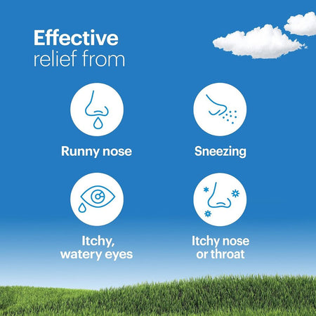 effective relief from allergies with icons for runny nose, sneezing, itchy eyes, and itchy nose/throat against a blue sky and green grass background.