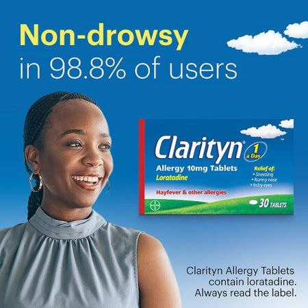 Advertisement for Clarityn allergy tablets with a smiling woman and product packaging on a blue sky background.