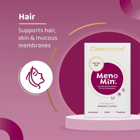 Meno Min supplement packaging on a pink background with text about hair support.