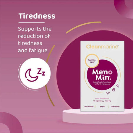 Meno Min supplement box on a pink platform with text about tiredness support.