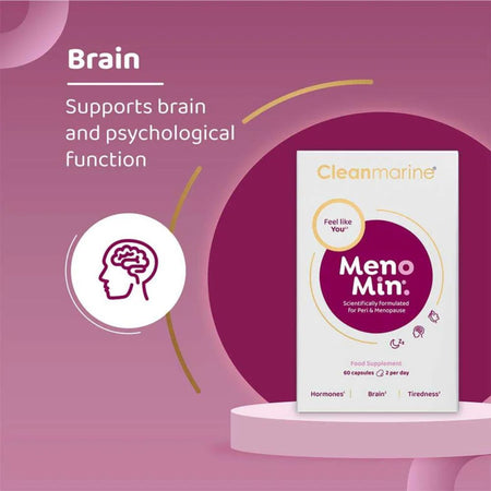 Meno Min supplement package on a pink background with brain function text
