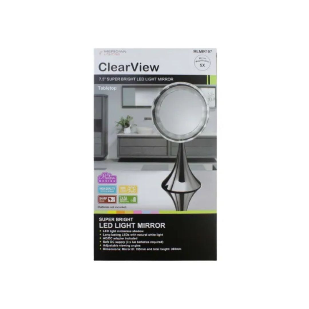 Meridian Lighting Clear View 7.5" LED Mirror packaging on a white background
