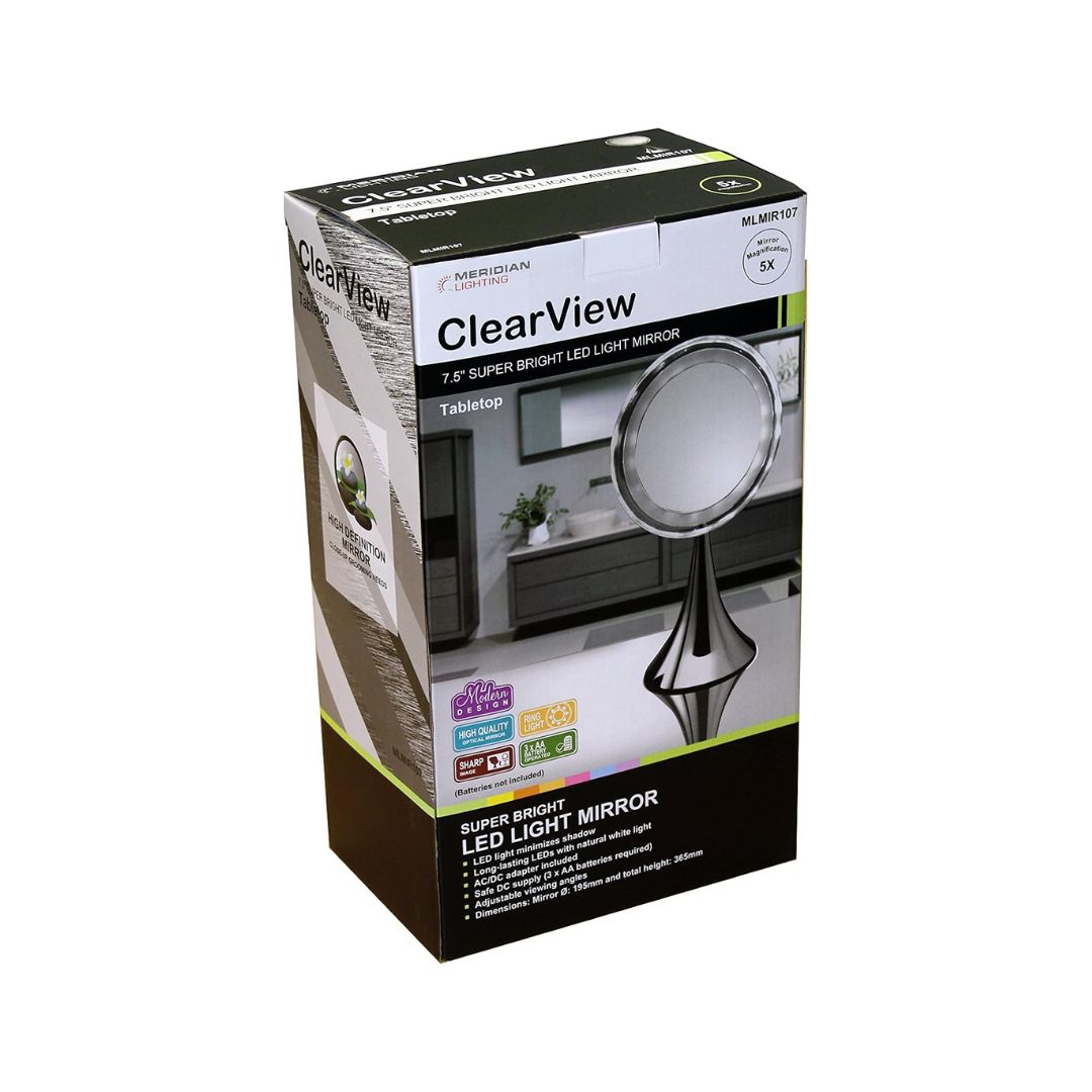 Meridian Lighting Clear View 7.5" LED Mirror packaging (side angle) on a white background