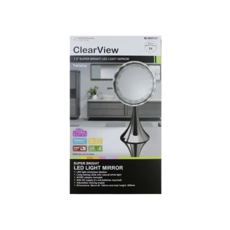 Meridian Lighting Clear View 7.5" LED Mirror packaging on a white background