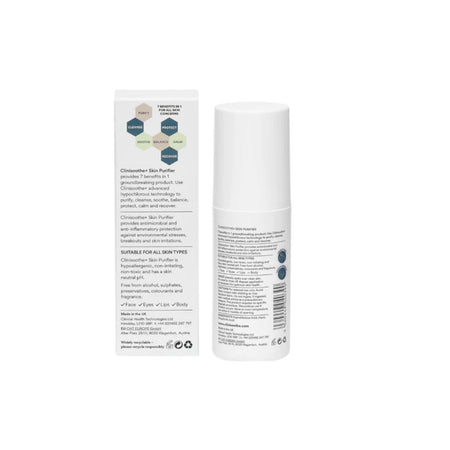 A white cylindrical bottle and its matching white packaging box for Clinnosector Skin Purifier, shown against a plain white background.