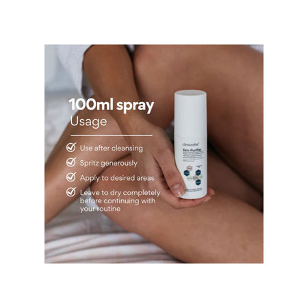 A person holds a white cylindrical bottle labeled Bio-Purify 100ml spray over their legs, with text on the left explaining usage instructions.