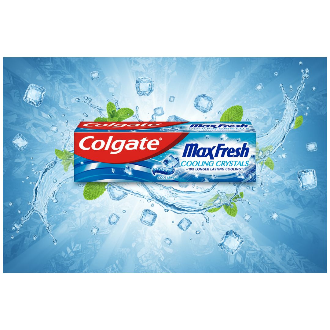 Colgate Max Fresh UltraFreeze Cooling Crystals Toothpaste packaging on a blue background