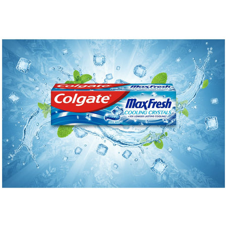 Colgate Max Fresh UltraFreeze Cooling Crystals Toothpaste packaging on a blue background