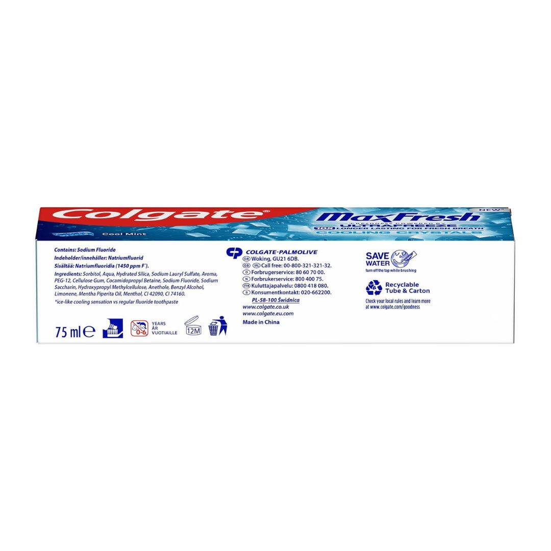 Colgate Max Fresh UltraFreeze Cooling Crystals Toothpaste packaging (bottom angle) on a white background