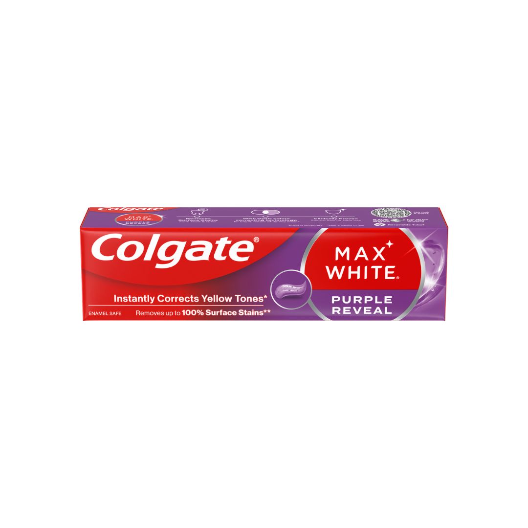 Colgate Max White Purple Reveal Toothpaste on a white background