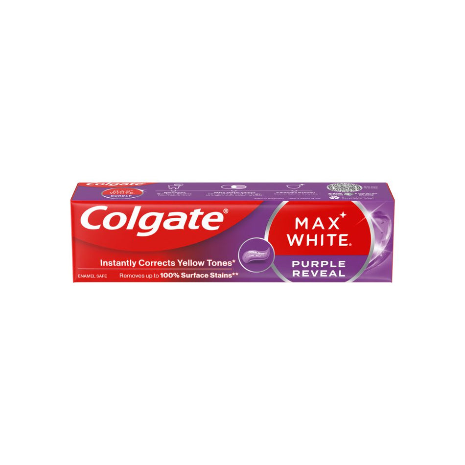 Colgate Max White Purple Reveal Toothpaste on a white background