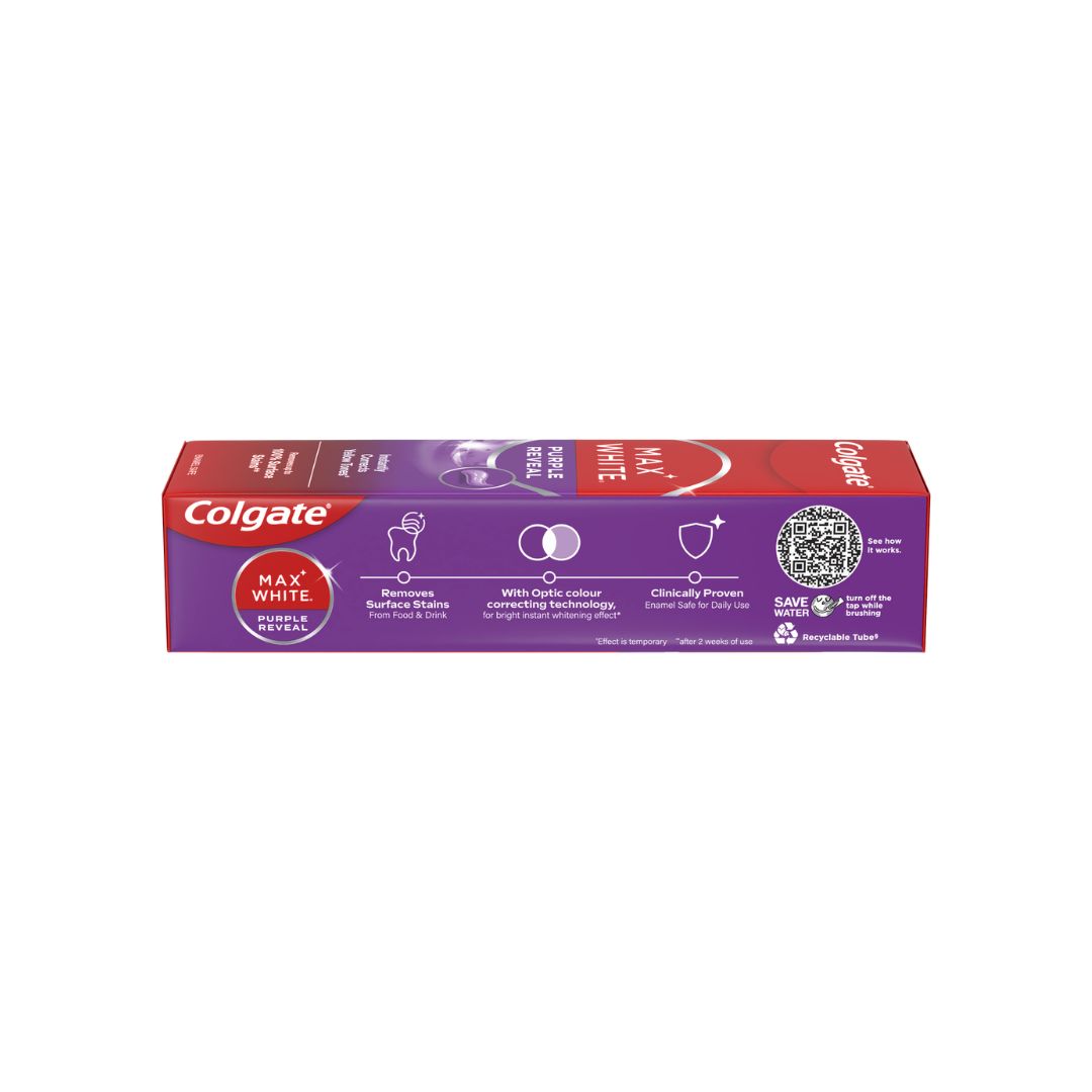 Colgate Max White Purple Reveal Toothpaste (side angle) on a white background