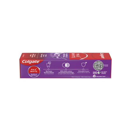 Colgate Max White Purple Reveal Toothpaste (side angle) on a white background