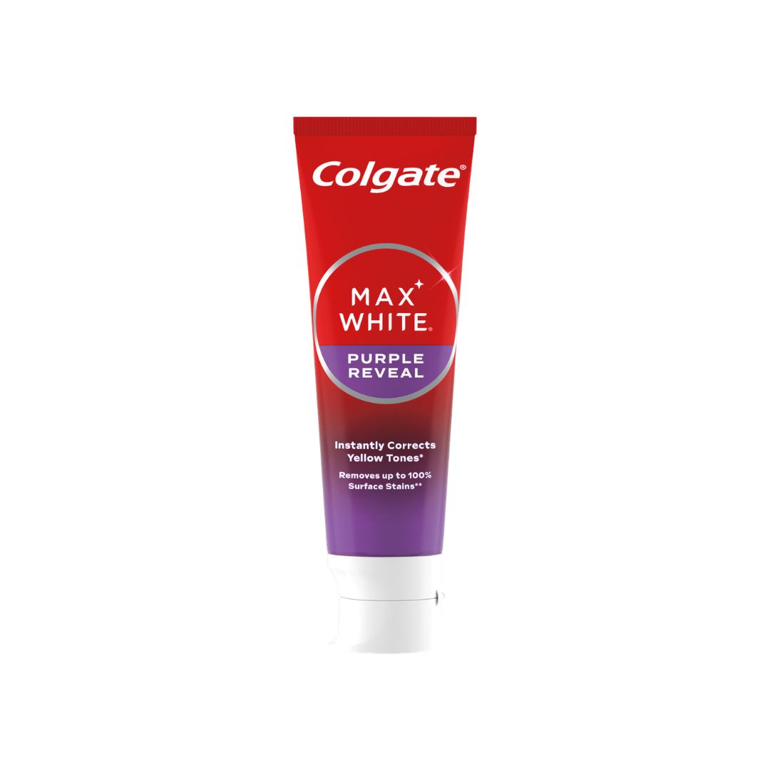 Colgate Max White Purple Reveal Toothpaste tube on a white background