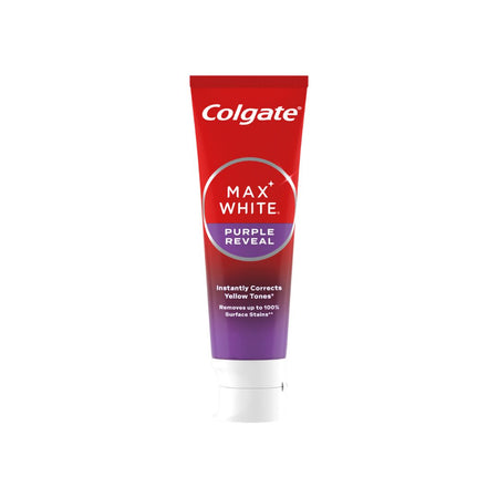 Colgate Max White Purple Reveal Toothpaste tube on a white background
