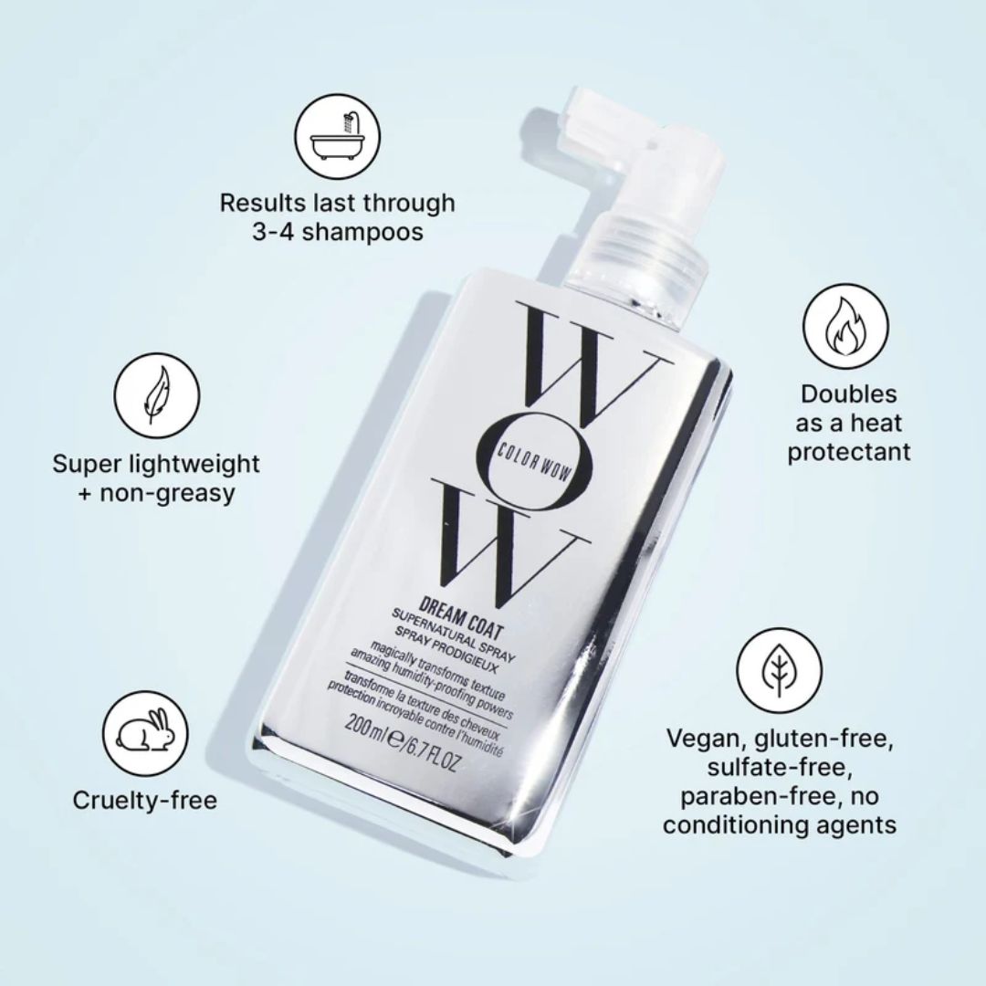 Wow hair product bottle with features listed on a light blue background