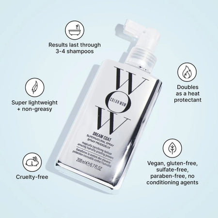 Wow hair product bottle with features listed on a light blue background