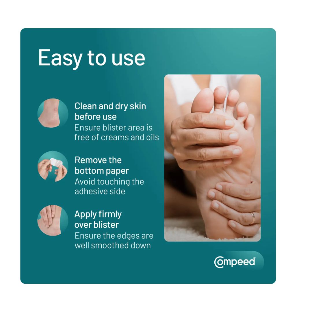 Compeed Sports Underfoot Blister how to use graphic on a blue background