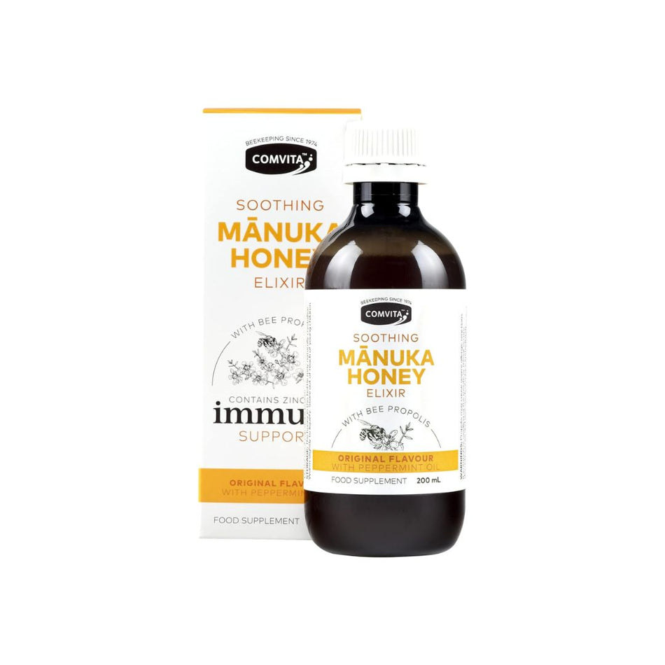 Comvita Immune Support Soothing Manuka Honey Elixir bottle and packaging on a white background