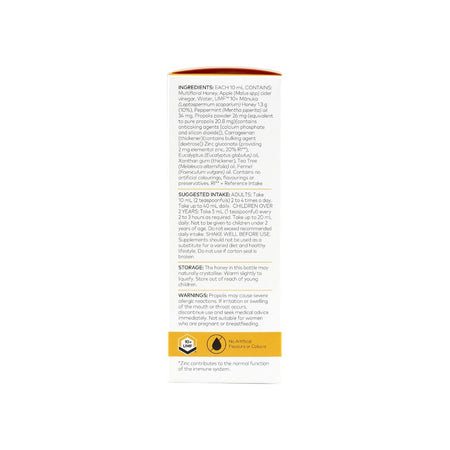 Comvita Immune Support Soothing Manuka Honey Elixir packaging from rear angle