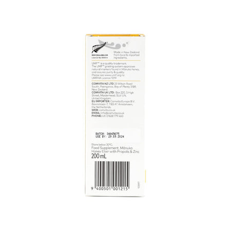 Comvita Immune Support Soothing Manuka Honey Elixir packaging from a side angle