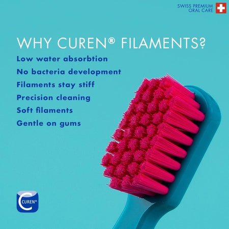 Blue toothbrush with pink filaments on a blue background, featuring Curen brand.