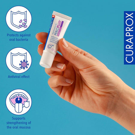 Hand holding a Curaprox dental product with features listed on a blue background