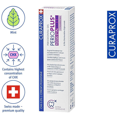 Curaprox dental gel packaging with product details and branding on a white background