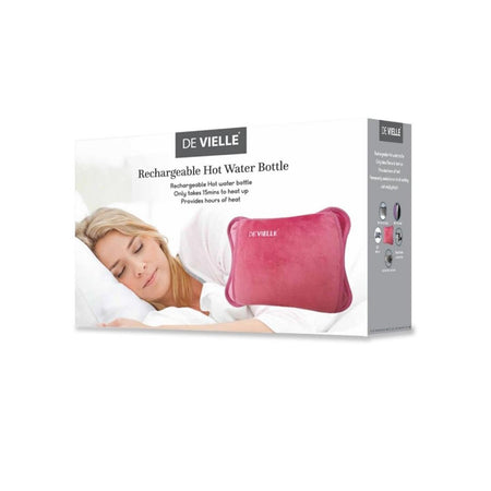 De Vielle Rechargeable Rose Pink Hot Water Bottle packaging on a white background