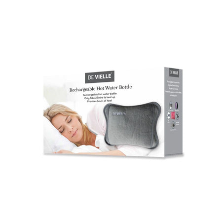 De Vielle Rechargeable grey hot water bottle packaging on a white background