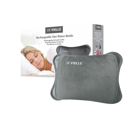 De Vielle Rechargeable grey hot water bottle and packaging on a white background