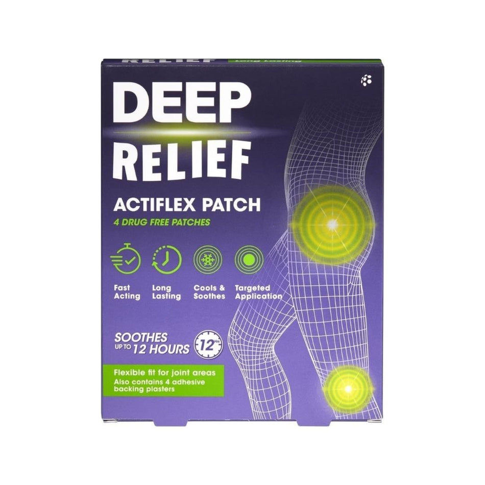 Deep Relief Actiflex Patches 4 Pack packaging (front angle) on a white background