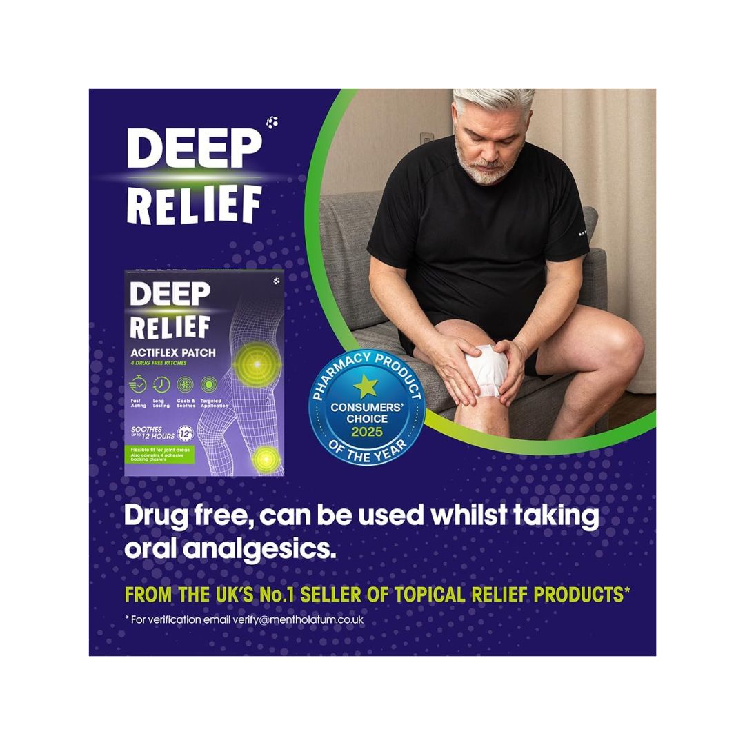 Deep Relief Actiflex Patches 4 Pack - Drug free information and an image of a man using the product