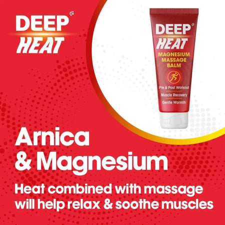 A red tube of Deep Heat Magnesium Massage Balm is shown on a red and white promotional graphic with text reading 'DEEP HEAT' and 'Arnica & Magnesium'.