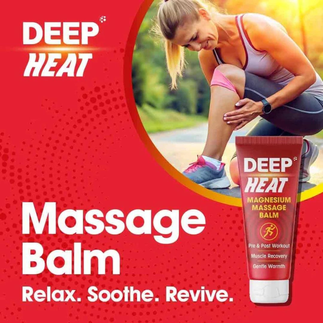 A promotional graphic for DEEP HEAT Massage Balm. The left side features a bold red background with white text reading 'DEEP HEAT' and 'Massage Balm' along with the tagline 'Relax.