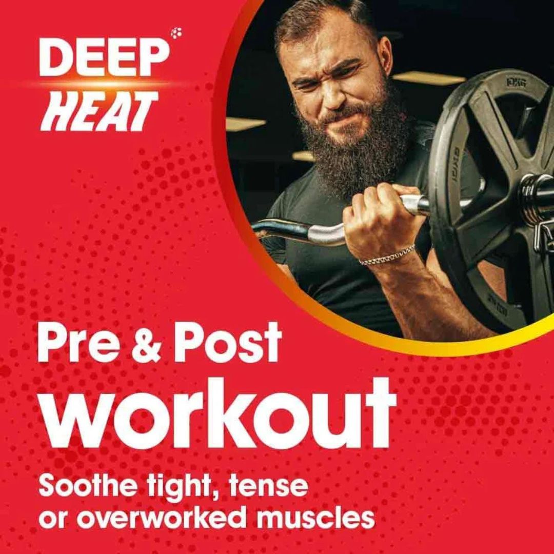 Red promotional graphic for Deep Heat Pre & Post Workout, featuring a bearded man lifting a barbell in a circular inset photo. Large white text reads 'DEEP HEAT' and 'Pre & Post workout' with smaller text about soothing tight or overworked muscles.