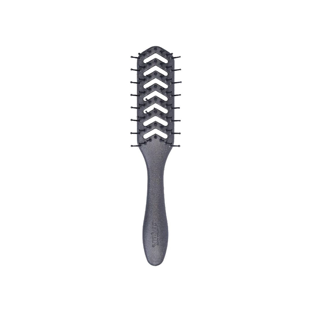 A dark gray hairbrush with a textured handle and alternating white and dark gray chevron-shaped bristles, shown against a plain white background.