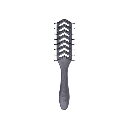 A dark gray hairbrush with a textured handle and alternating white and dark gray chevron-shaped bristles, shown against a plain white background.