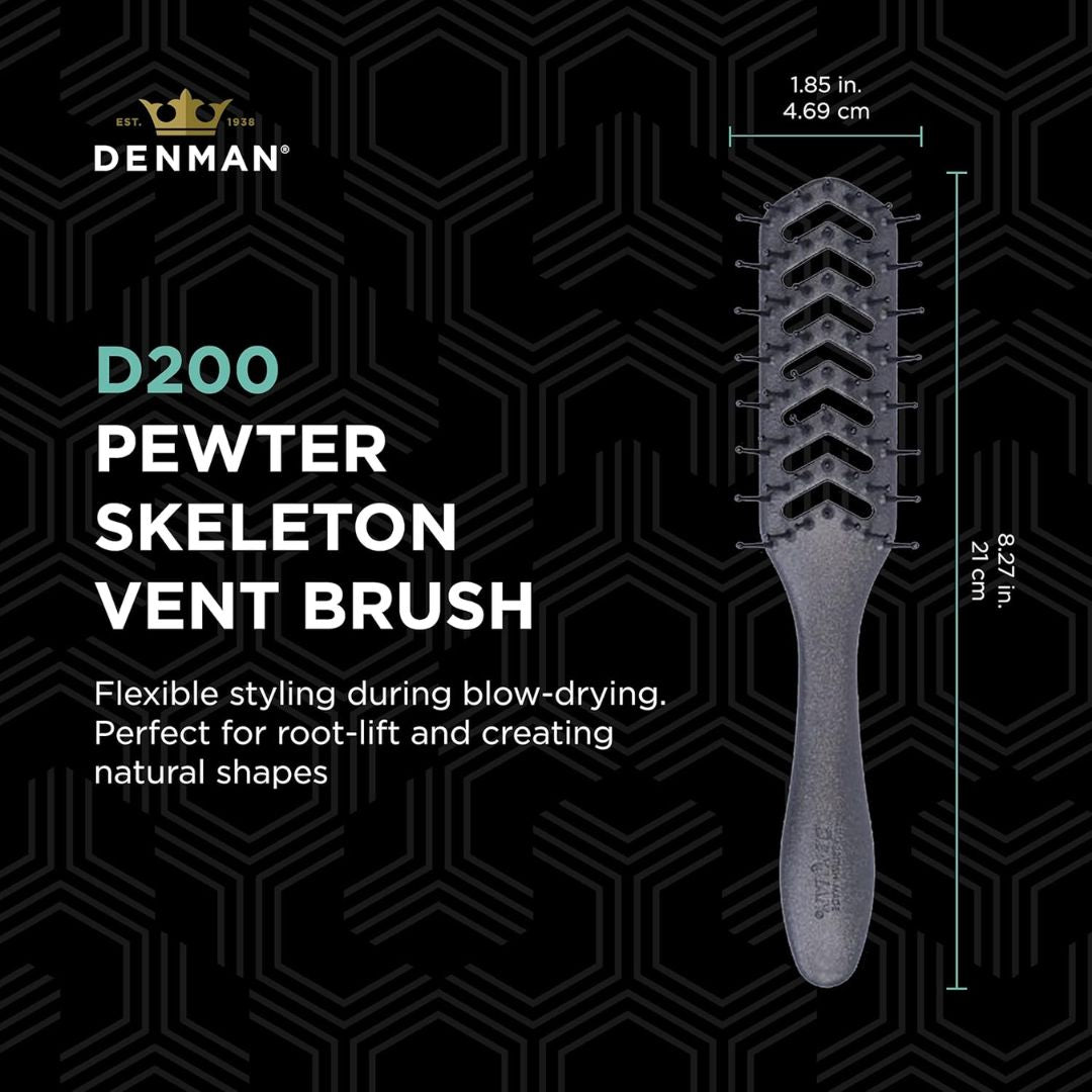 Denman D200 Pewter Skeleton Vent Brush with measurements on a black geometric patterned background