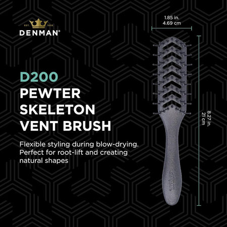 Denman D200 Pewter Skeleton Vent Brush with measurements on a black geometric patterned background