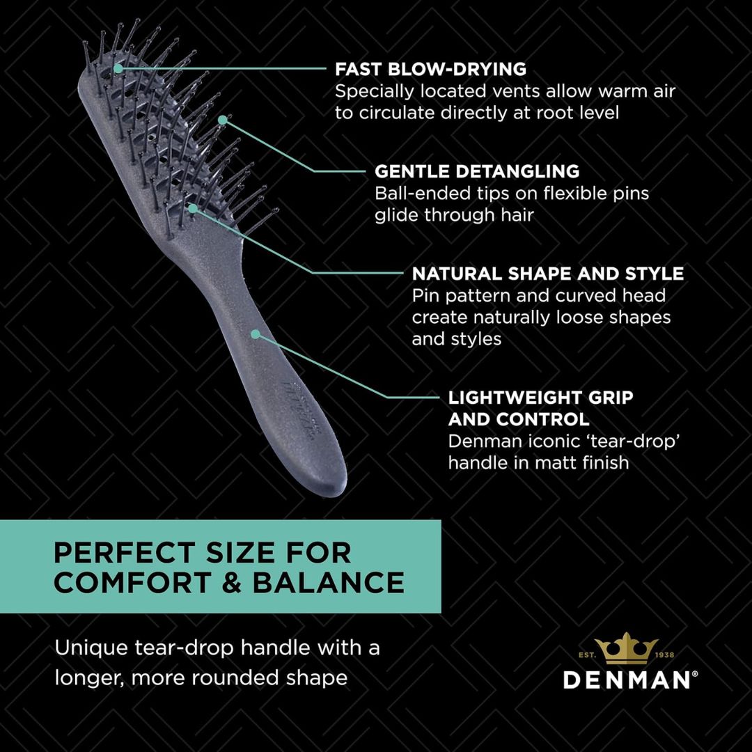 Denman hairbrush with features highlighted on a black background