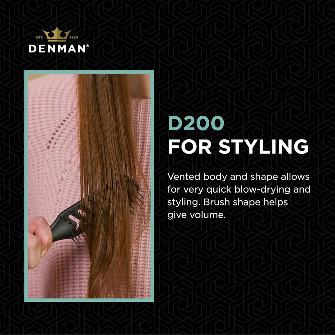 Denman D200 styling brush shown in a lifestyle context, being used to brush long brown hair. The image features a black background with a geometric pattern, a teal border around the inset photo, and white and teal text describing the product.