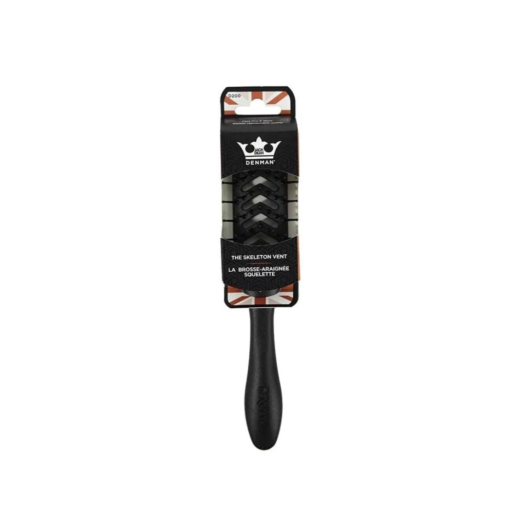 A black horse grooming brush with a black handle and dark bristles, packaged in a black cardboard sleeve with a white crown logo and red-and-white striped accents, shown on a plain white background.
