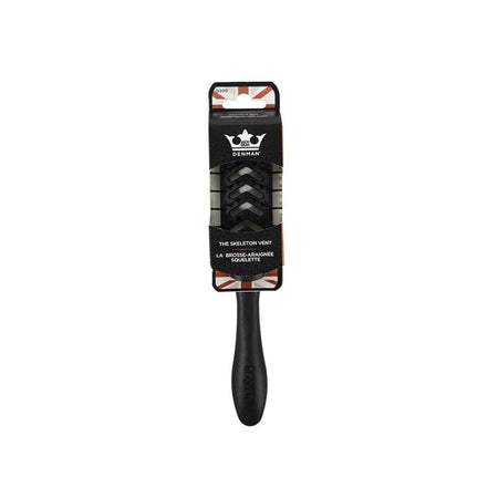 A black horse grooming brush with a black handle and dark bristles, packaged in a black cardboard sleeve with a white crown logo and red-and-white striped accents, shown on a plain white background.