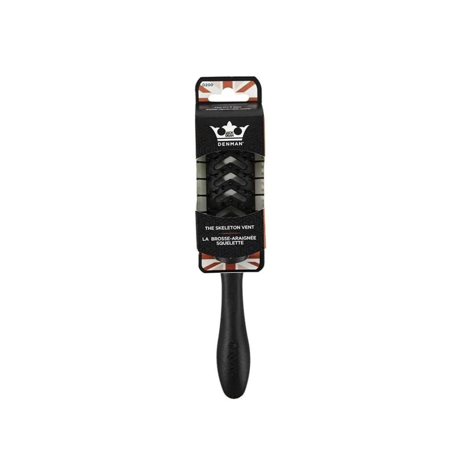 A black horse grooming brush with a black handle and dark bristles, packaged in a black cardboard sleeve with a white crown logo and red-and-white striped accents, shown on a plain white background.